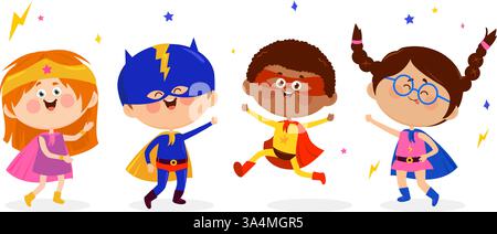 Happy Super hero children, girl and boys. Cartoon kids in carnival uniforms and masks. Characters set. Strong active kids with super powers. Stock Vector