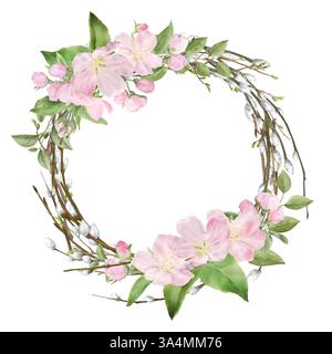 A wreath of spring pink flowers and willow twigs. Watercolor illustration in digital. Cherry blossoms and green petals on a round frame, isolated on a Stock Photo