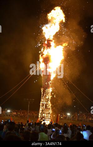 An effigy of demon King Ravana is burned on the occasion of Dussehra in ...