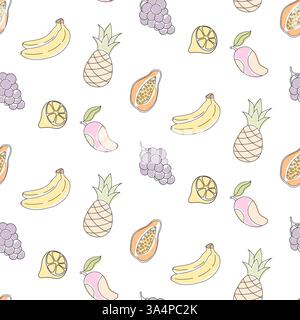 Colorful fruit pattern featuring bananas, grapes, lemons, and pineapples on a white background Stock Vector
