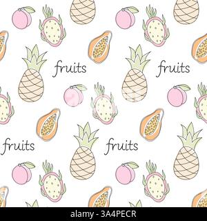 Colorful fruit pattern design featuring pineapples, papayas, and other tropical fruits Stock Vector