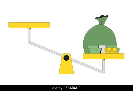 Money bag on tilted balance scale 2D cartoon object Stock Vector