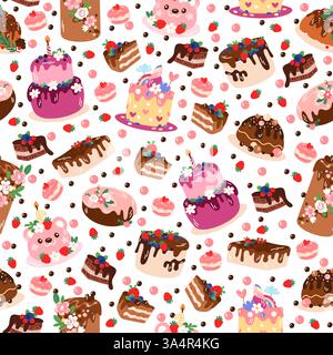 Birthday cakes. Sweets seamless pattern. Berry mousse cream and chocolate glaze. Celebration pastries. Holiday party pies. Tasty cupcakes. Delicious Stock Vector