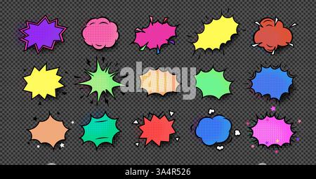 Colorful empty comic speech bubbles set with explosion effects, halftone shading, and dynamic bursts. Perfect for comics, stickers, pop art, banners Stock Vector