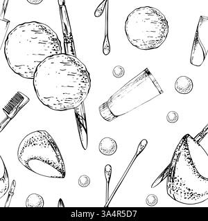 Make-up cotton pad swab q-tip stick tampon, lotion cream tube, sponge brush applicator. Isolated seamless pattern. Vector sketch, ink hand drawn Stock Vector