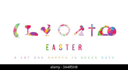 Easter colorful brush pattern icons - palm branch, wine bowl, rooster, crown of thorns, nails, cross and open tomb. A lot can happen in seven days, Stock Vector