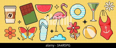 Pixel art summer icon set in 8 bit style. Retro 80s,90s video game graphics. Flamingo, lifebuoy, cocktail, swimsuit, ball, cloud, flower Stock Vector