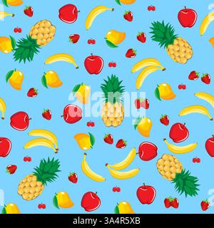 Mango pineapple apple strawberry banana cherry mix fruits seamless pattern on aqua blue background for wallpaper, pattern, web, blog, surface, texture Stock Vector