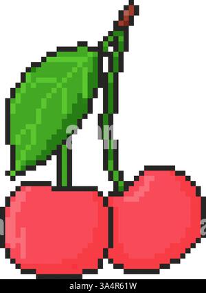 8 bit cherry icon. Pixel art object. Retro 80s,90s video game graphics Stock Vector