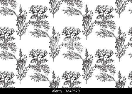 Line art botanical seamless plant pattern with flowers vector illustration. Black outline repeating floral pattern in white background. Graphic design Stock Vector