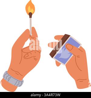 Burning match in human fingers. Hands lighting fire at matchstick. Arms holding matchbox. Flammable head and wooden straw. Fire ignition. Cardboard Stock Vector