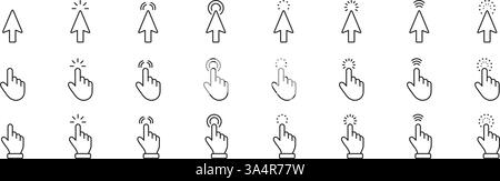 Cursor and hand gesture line icon set. Pointer and click action outline symbol collection. Editable stroke. Isolated vector illustration Stock Vector