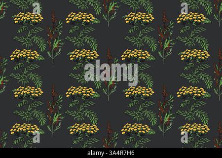 Botanical plant seamless pattern with flowers and berries vector illustration. Repeating floral pattern in black color background. Graphic design for Stock Vector