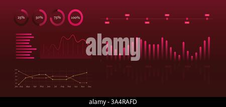 Business analytics dashboard. Circular progress indicators, bar and line charts, timeline, and statistical graphs on a dark background. Data visualiza Stock Vector