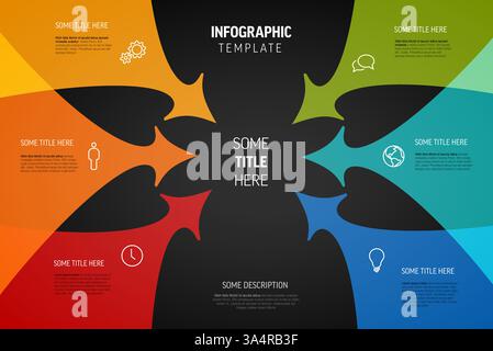 A colorful infographic template featuring six arrows pointing towards a central title on black back. The design includes icons and text areas for cust Stock Vector