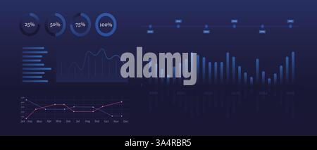 Business analytics dashboard. Circular progress indicators, bar and line charts, timeline, and statistical graphs on a dark background. Data visualiza Stock Vector