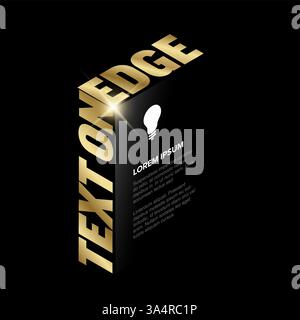 A sleek design showcasing golden 3D text on a black background accompanied by a glowing lightbulb icon. The bold metallic text 'TEXT ON EDGE' stands o Stock Vector