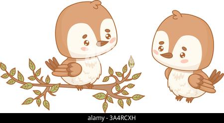 Cute Sparrow on branch set. Isolated Funny cartoon kawaii character little bird on white. Vector illustration. Kids collection Stock Vector