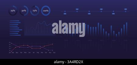 Business analytics dashboard. Circular progress indicators, bar and line charts, timeline, and statistical graphs on a dark background. Data visualiza Stock Vector