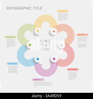 A vibrant circular infographic with six segments, each featuring an icon and descriptive text. The design uses bright colors and placeholders for cust Stock Vector