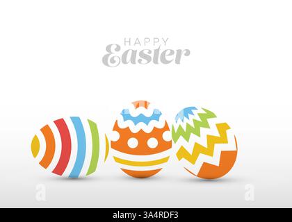A festive design featuring three colorful Easter eggs with stripes and zigzag patterns. The 'Happy Easter' greeting adds a cheerful holiday touch to t Stock Vector