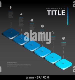 A modern infographic with six blue gradient blocks in progression and icons. It illustrates step-by-step processes, with text and visuals for data pre Stock Vector