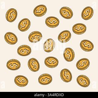 Gold coins. Money icons pattern. Cash dollar currency. Realistic dollar gold coin. Profit money, investment and financial savings Stock Vector