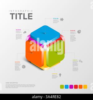 A 3D colorful infographic cube with segmented blue, orange, green, and red sections. It includes labeled icons with text details, ideal for presentati Stock Vector