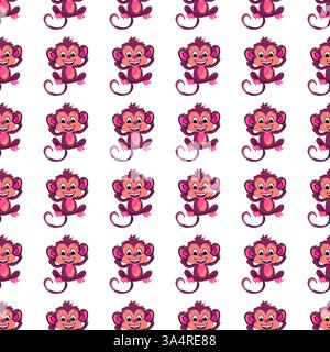Playful monkey pattern. A seamless repeating design featuring cartoon-style cheerful monkeys on a white background. Fun, jungle-themed, children's des Stock Vector