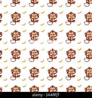 Playful monkey and sausage pattern. A seamless repeating design featuring cartoon monkeys and sausages on a white background. Fun, jungle-themed, humo Stock Vector