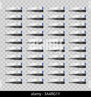 Digital thermometer set. Multiple electronic thermometers in black and white variations displaying different body temperatures on LCD screens. Healthc Stock Vector