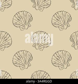 Seamless beige pattern with dark outline of shells, mollusks. Tropical beach shells on sand. Summer seamless pattern. Marine atmosphere. Vector illust Stock Vector