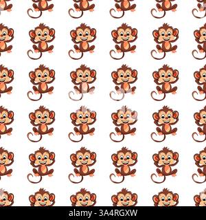Playful monkey pattern. A seamless repeating design featuring cartoon-style cheerful monkeys on a white background. Fun, jungle-themed, children's des Stock Vector