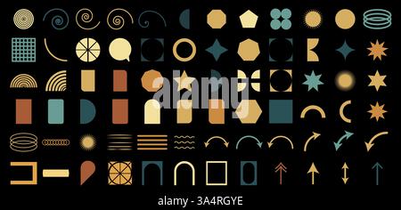 Abstract geometric set icon. Collection of various shapes, spirals, arrows, and decorative elements in gold, teal, and brown on a black background. Mo Stock Vector