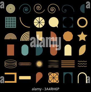 Abstract geometric set icon. Collection of various shapes, spirals, arrows, and decorative elements in gold, teal, and brown on a black background. Mo Stock Vector