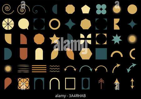 Abstract geometric set icon. Collection of various shapes, spirals, arrows, and decorative elements in gold, teal, and brown on a black background. Mo Stock Vector