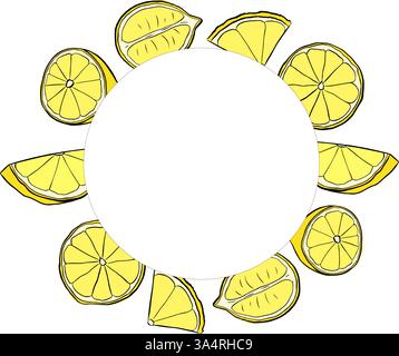 Lemon slice circle round frame fruit hand drawn design. Vector graphic line ink yellow illustration. Design, package, brochure illustration. Design el Stock Vector