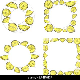 Lemon circle round frame set vector drawing. Citrus fruit circle and square label template. graphic line ink illustration for packaging, tea, juice, n Stock Vector