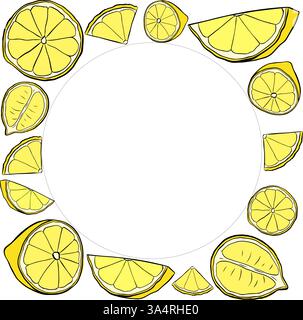 Lemon slice square frame. Vector bright yellow graphic line ink lemon fruit template. Fresh icon design, juice concentrate symbol for banners, print f Stock Vector
