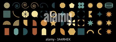 Abstract geometric set icon. Collection of various shapes, spirals, arrows, and decorative elements in gold, teal, and brown on a black background. Mo Stock Vector