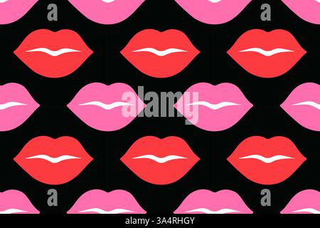 Seamless pattern with red and pink lips on black background. Flat playful, romantic design pastel tones. Perfect for Valentines Day projects, fashion prints, wallpapers, wrapping paper, textiles Stock Vector