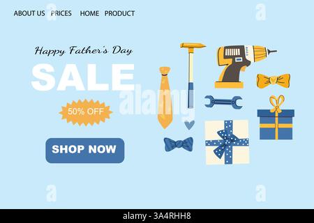 Happy father's day gift sale promotion with tools and gifts. Stock Vector