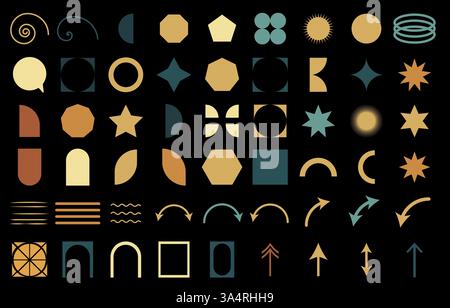 Abstract geometric set icon. Collection of various shapes, spirals, arrows, and decorative elements in gold, teal, and brown on a black background. Mo Stock Vector