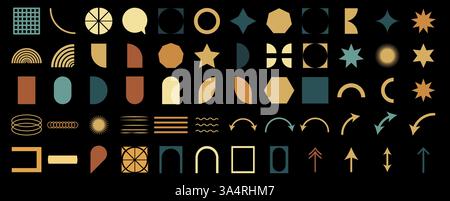 Abstract geometric set icon. Collection of various shapes, spirals, arrows, and decorative elements in gold, teal, and brown on a black background. Mo Stock Vector