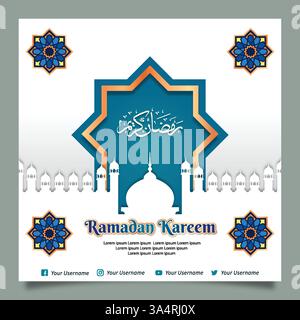White Islamic Square Banner Template Design with Geometric Ornament and Mosque Silhouette Stock Vector