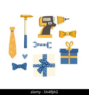 Happy father's day tools and gifts set for celebration and decoration. Stock Vector