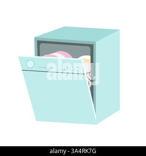 Opened Dishwasher machine with plates in it, isolated on white background flat . Vector illustration Stock Vector