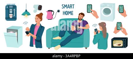 Smart Home. A set of isolated objects, home appliances and people with phones. Vector illustration Stock Vector
