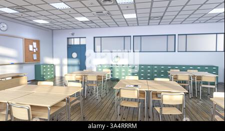 Empty classroom with wooden desks and chairs3d background Stock Photo