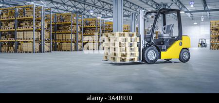 Forklift carrying wooden pallets in large distribution warehouse 3d Stock Photo